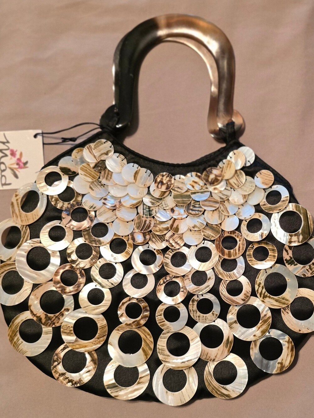 VTG MAD by Design Black Silk Spun Base MOP Shell Handbag Y2K Coastal Mosaic NWT